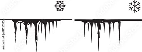 Two rows of dripping icicles with snowflakes above, symbolizing winter, cold, and freezing temperatures. Black and white vector art.