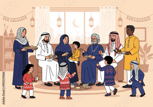 Muslim multi generational family gathering for Eid Al-Fitr