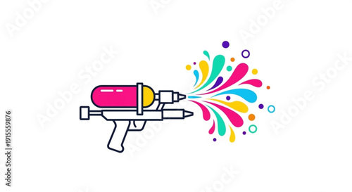 Water gun shooting colorful splashes flat vector illustration for summer fun party and Holi festival celebrations isolated on white
