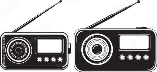 Two retro portable radios with antennas extended, featuring speakers and control buttons. Vintage sound device vector icons.