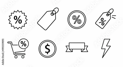 A collection of icons representing discounts, sales, and financial concepts. Vector