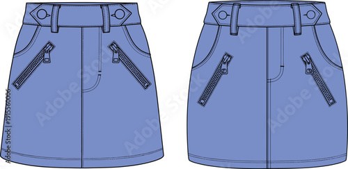 Canvastavla Blue Denim Mini Skirt Vector Technical Flat Sketch with Cargo Zipper Pockets Bel