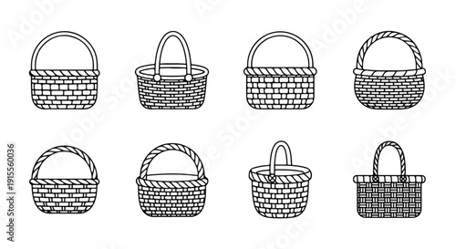 Assorted wicker baskets displayed in a row for basket weaving inspiration Vector