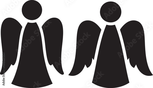 Two simple silhouette angel icons with wings spread, representing peace, hope, and spirituality. Minimalist vector figures.