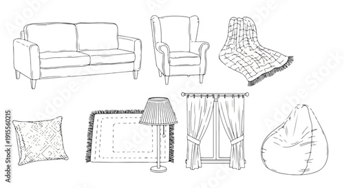 A variety of furniture items including sofas, chairs, and decorative elements Vector