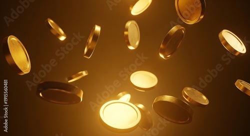 Glowing golden coins falling in dark background close up view with warm lighting shining and shiny metallic texture digital design