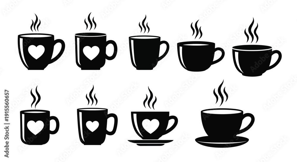 Fototapeta premium A series of black silhouette cups with steam some featuring heart details