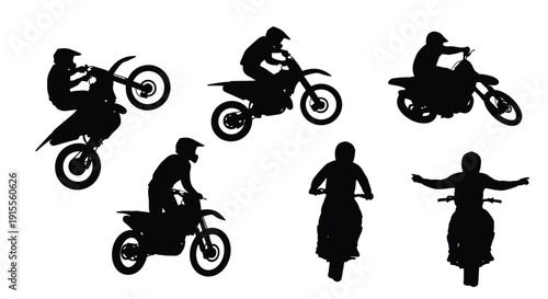 Silhouette collection of motocross riders and motorcycles in various poses