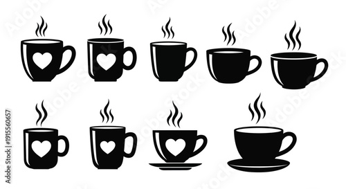 A series of black silhouette cups with steam some featuring heart details