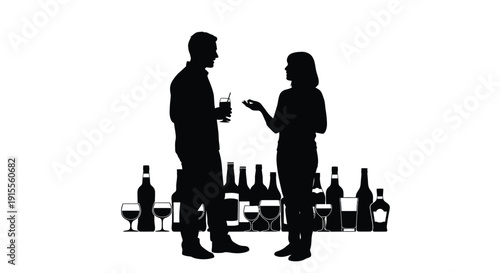 Silhouette of a couple conversing at a bar with bottles and glasses