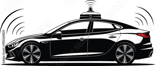 Futuristic autonomous self-driving sedan with roof-mounted radar lidar sensors emitting signals in modern vector illustration