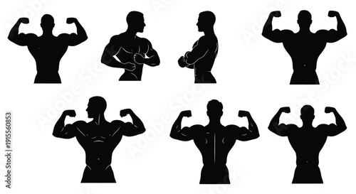 Silhouettes of a man demonstrating various bodybuilding poses and exercises
