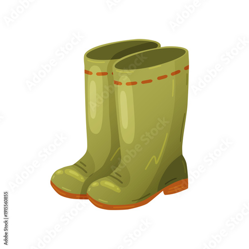 Protective green rubber boots, also known as wellingtons, isolated on white background. Ideal for autumn harvest, farming, and rainy weather design.
