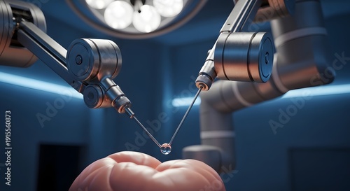 Robotic surgical instruments operating on brain in operating room with blue lighting robotic surgery