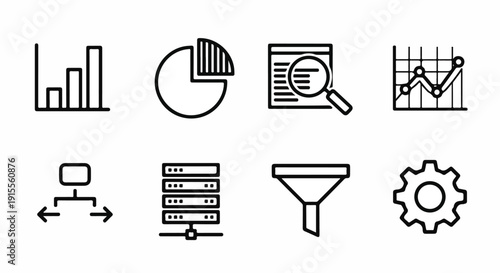 Icons representing various aspects of data analysis and information management Vector
