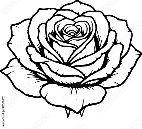 Beautiful Black and White Rose Illustration, Elegant Floral Design, Romantic Line Art