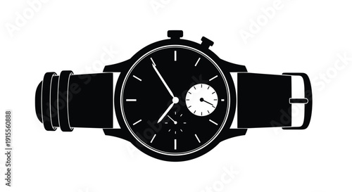 A black and white illustration of a classic chronograph wristwatch