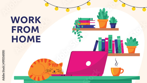 Cozy work from home office setup with a sleeping cat on a laptop, plants, and coffee, a comfortable and productive remote workspace illustration.