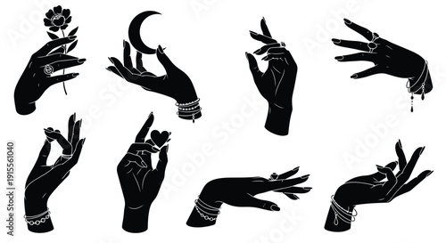 Mystical hands holding celestial objects and floral elements in black ink