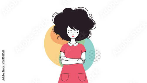 Stylish woman with big curly hair and closed eyes standing with arms crossed, a modern and thoughtful portrait with abstract shapes.