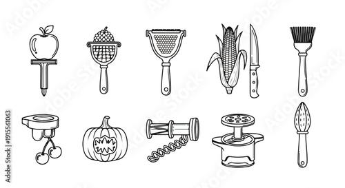 Assorted kitchen tools and utensils in black and white line art Vector