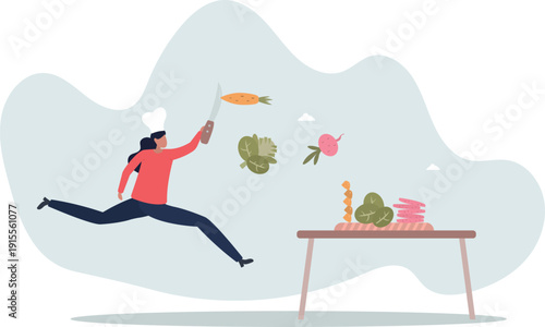 A woman in a chef's hat cuts fresh vegetables with a sharp knife.