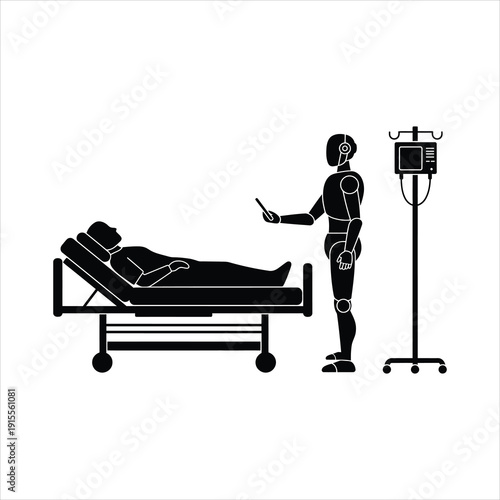Robot Providing Medical Assistance to Patient in Hospital Bed, AI Healthcare Technology and Automated Patient Care Illustration