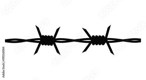 Black and white illustration of a section of barbed wire fencing