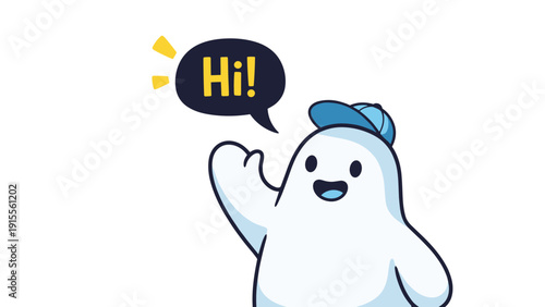 Friendly and cute cartoon monster character wearing a blue cap, waving a hand and saying hi in a speech bubble greeting.