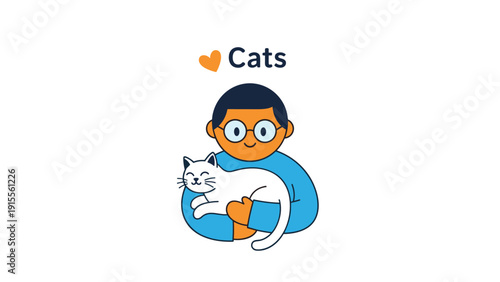 Illustration of a happy person with glasses lovingly holding a content white cat, with the word 'Cats' and a heart icon.