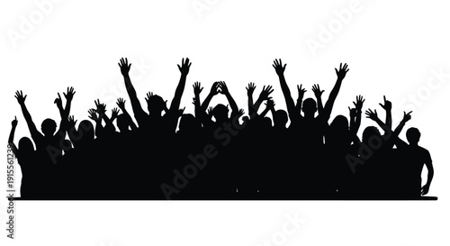 A large crowd of people with hands raised in a celebratory gesture