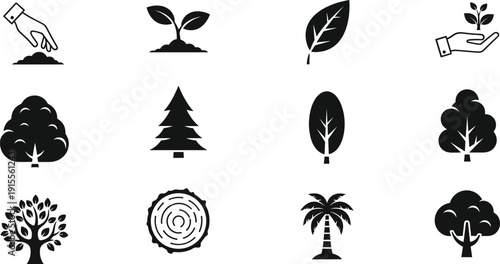 Nature and ecology icon set with trees, leaves, plants, planting hands, forest symbols, and environmental conservation elements