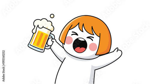 Cheerful cartoon character with orange hair celebrating and raising a frothy mug of beer, isolated on a white background.