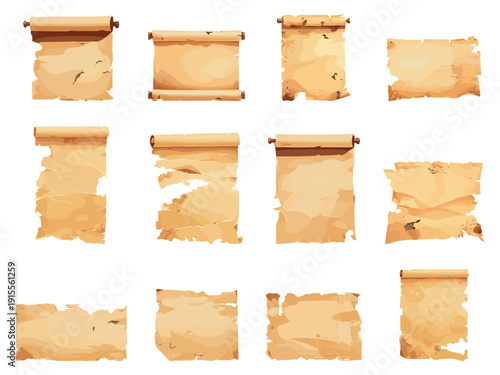 cartoon set of ancient torn paper, historical data in papyrus and scrolls, yellow and decayed, vector illustration