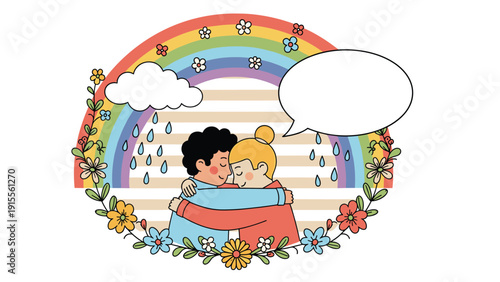 Loving diverse couple hugging under a rainbow and gentle rain, framed by flowers with a blank speech bubble for text.