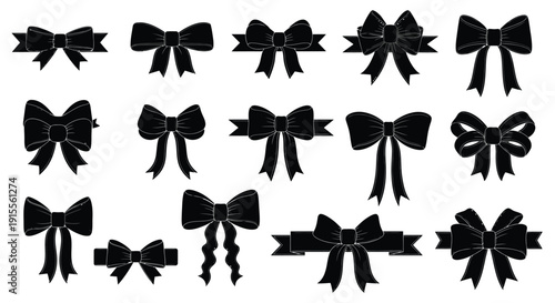 Collection of decorative black bows in various shapes and styles
