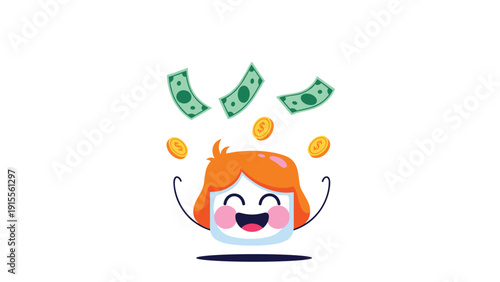 Happy cartoon character with red hair jumping for joy as money in the form of bills and coins rains down from above.