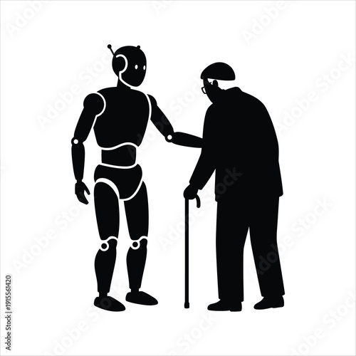 Robot Assisting Elderly Man with Walking Cane, AI Powered Senior Care and Companion Robotics Illustration