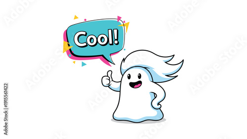 A cool cartoon ghost character with windswept hair giving a thumbs-up and saying 'Cool!' in a colorful speech bubble.