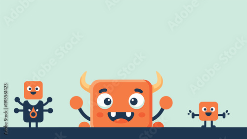 A group of cute and friendly cartoon monsters with square bodies, including a large orange one with horns in the center.