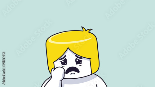 A close-up of a cartoon character with yellow hair looking very sad and worried, with a hand held to its mouth.