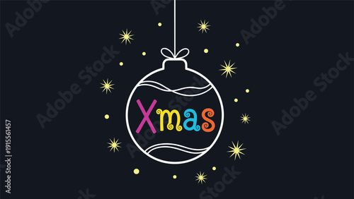 A simple line art Christmas bauble with colorful 'Xmas' text inside, hanging against a dark background with stars.