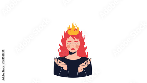 A powerful woman with closed eyes and her red hair burning like a fiery crown, symbolizing passion, anger, or strength.
