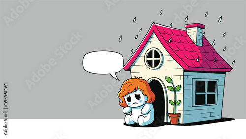 A sad and lonely cartoon character sitting in a doorway while it rains outside, with a blank speech bubble for text.