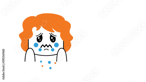 A cartoon character with orange hair looking sick and sad, crying and throwing up colorful dots in distress.