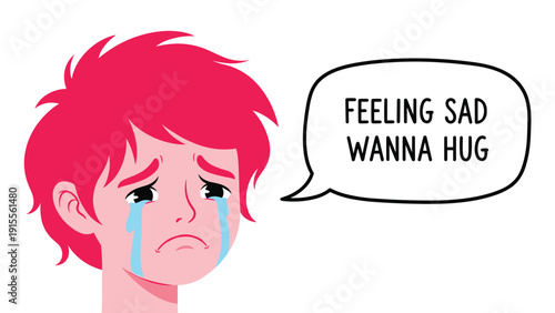 A crying boy with pink hair and a speech bubble that says 'Feeling sad wanna hug', expressing a need for comfort.