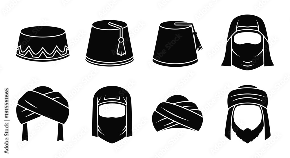 Fototapeta premium Collection of traditional middle eastern and north african headwear icons