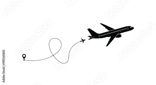 Airplane flight path with a destination marker simple black and white design