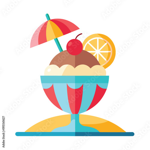 Ice cream dessert illustration on white background and beach scene