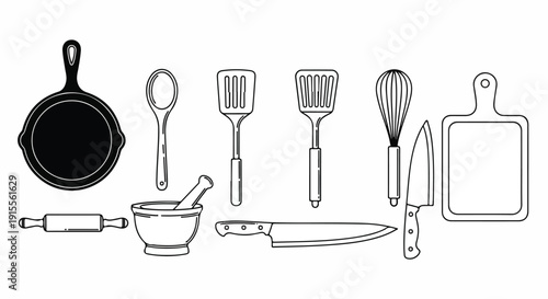 A variety of cooking utensils and tools laid out on a flat surface. Vector